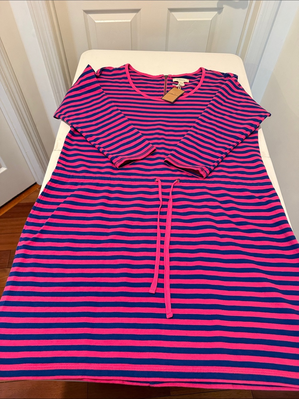NWT Fuchsia Navy Striped Drawstring Waist Dress 3/4 Sleeve Fall School Ready XL